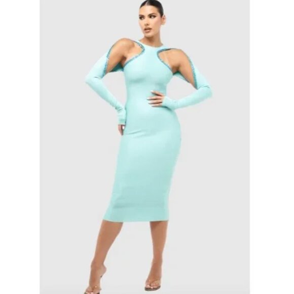 NWT CouCoo Necker Aqua Stretch Sequin Bodycon Open Shoulder Party Midi Dress S - Picture 1 of 8
